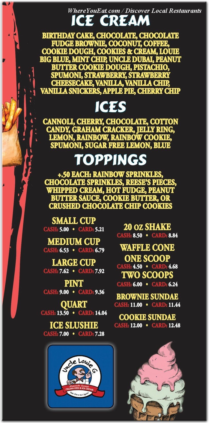 Ice cream, ices and toppings menu scan